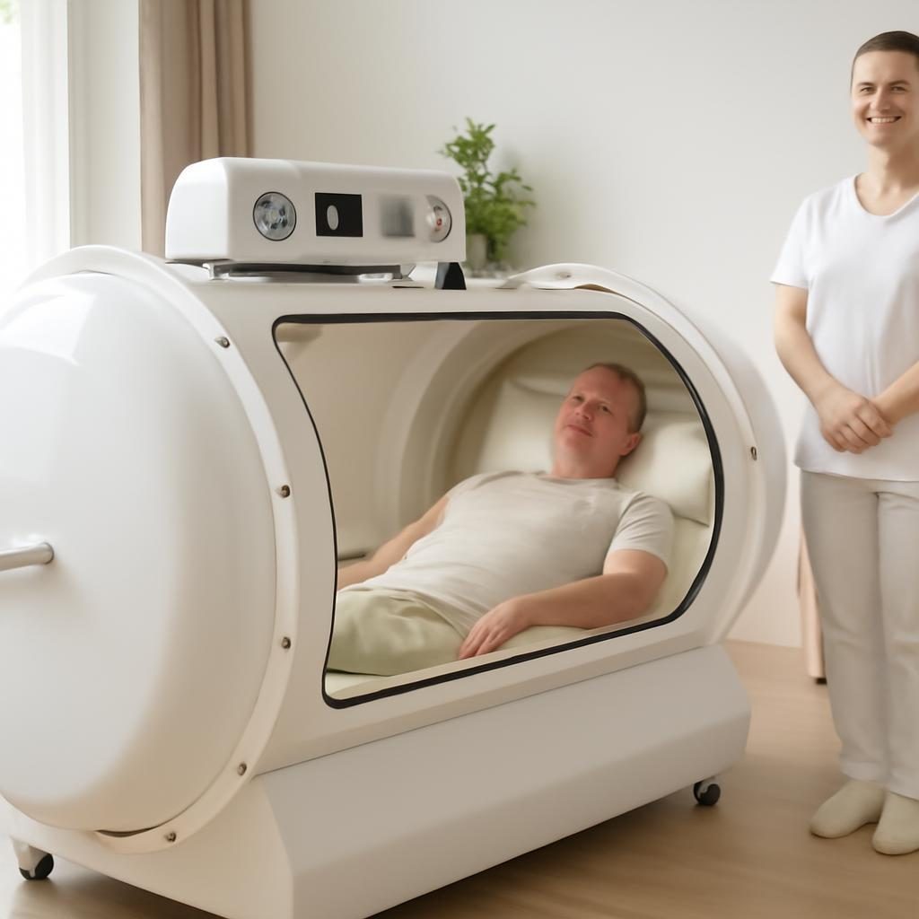 Svetla hiperbarična komora v wellness prostoru z osebo, ki počiva med terapijo