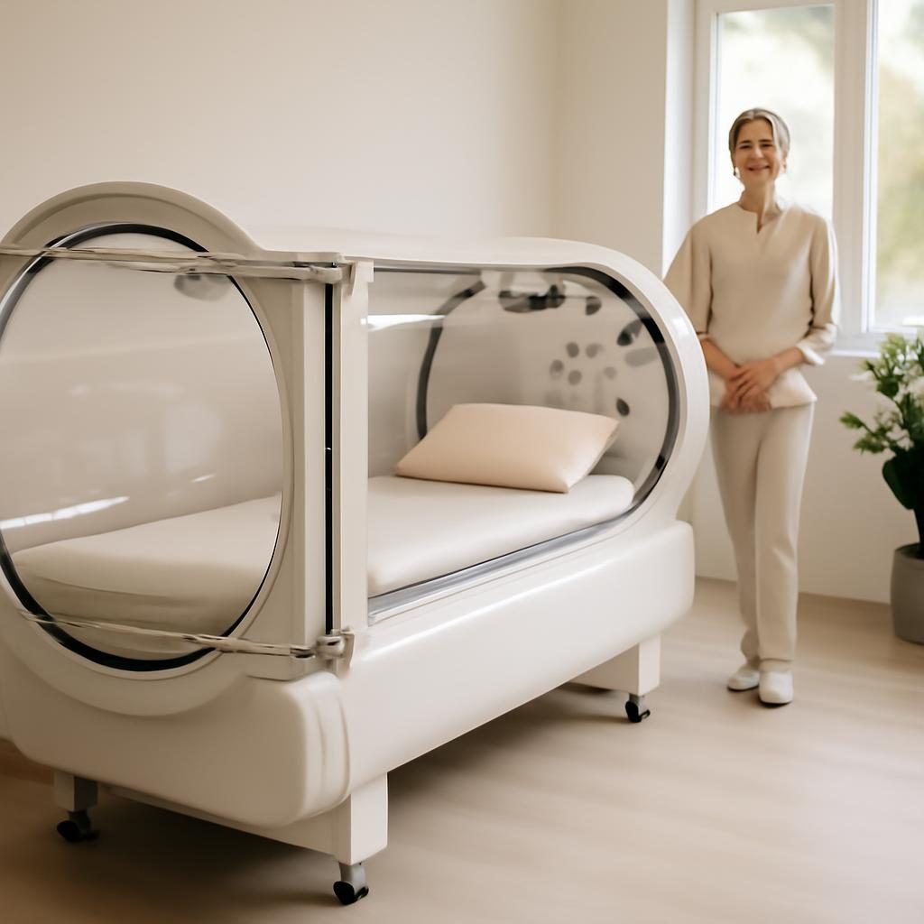 Notranjost hiperbarične komore v umirjenem wellness prostoru s prijaznim osebjem