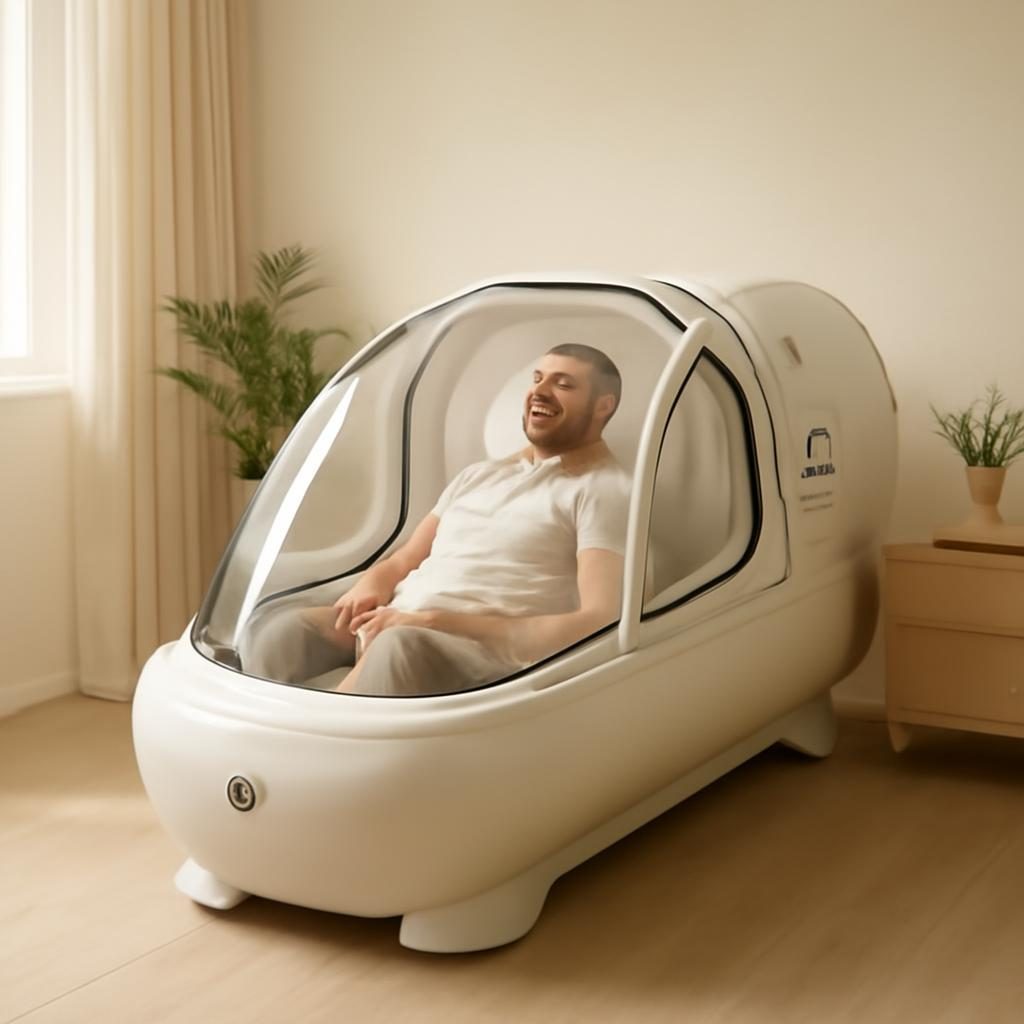 hiperbaricna-komora-za-aktivne-ljudi-202610080900 Hiperbarična komora v svetlem in umirjenem wellness prostoru, oseba med terapijo