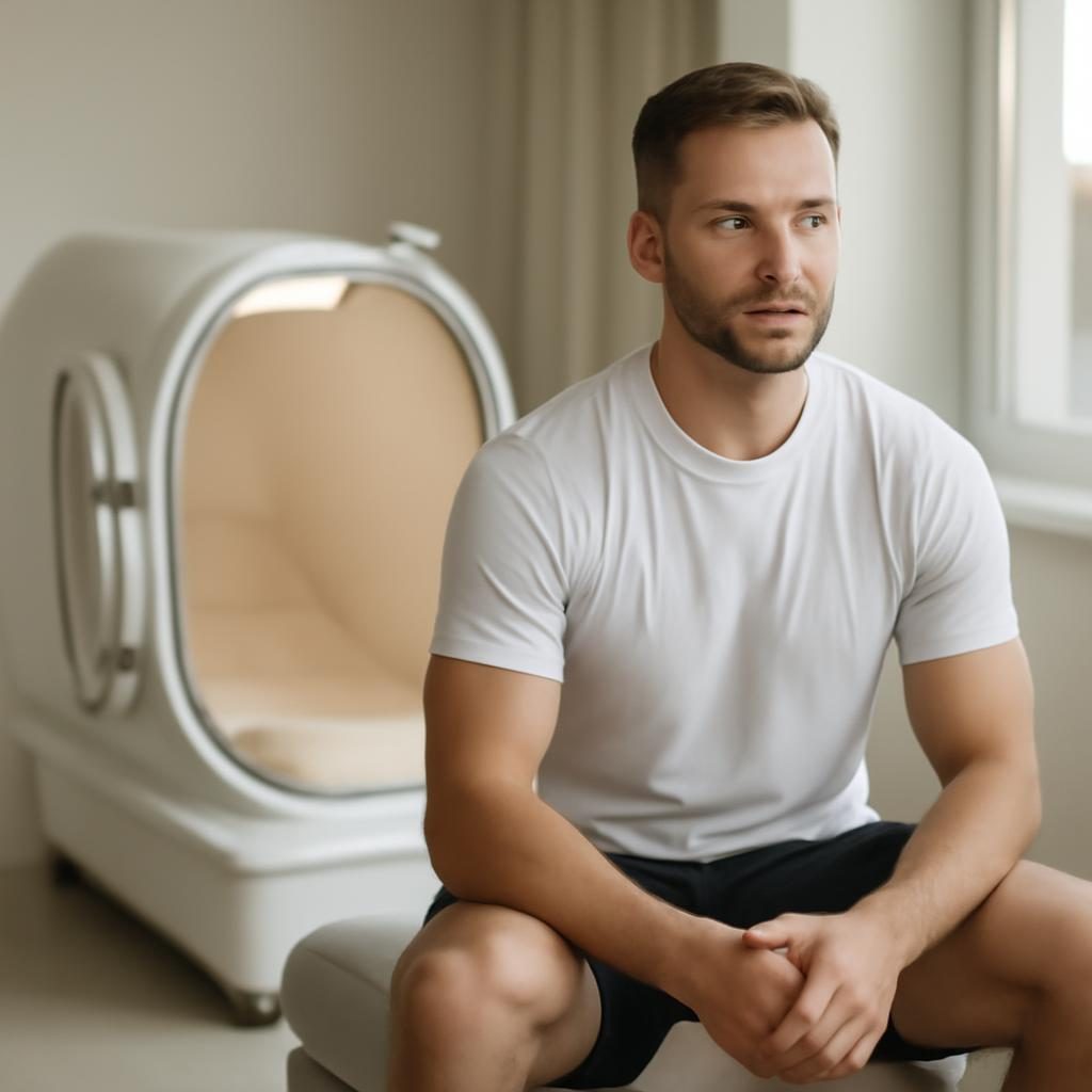 Športnik poleg hiperbarične komore v sodobnem wellness prostoru