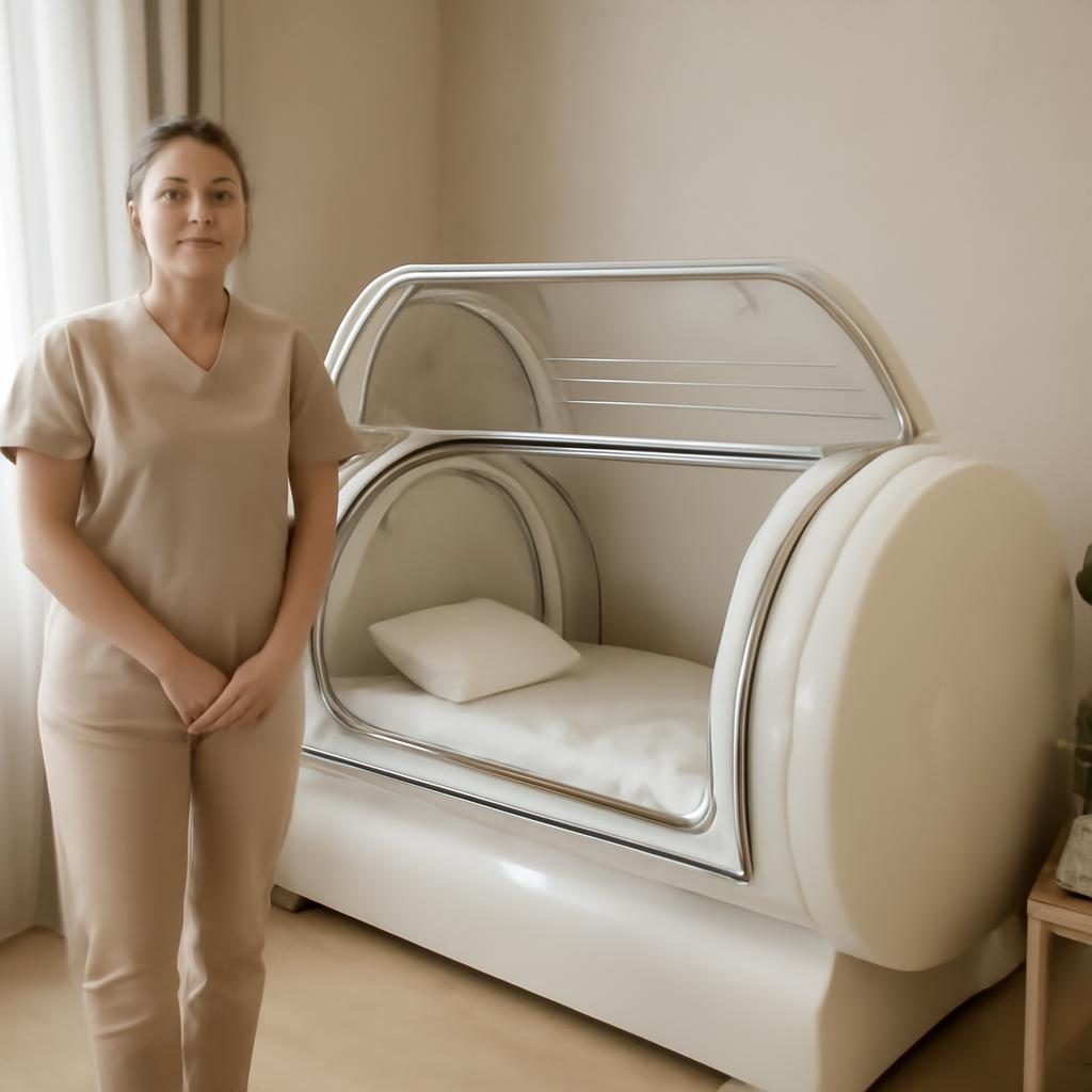 Svetla hiperbarična komora v mirnem wellness prostoru z udobnim ležiščem
