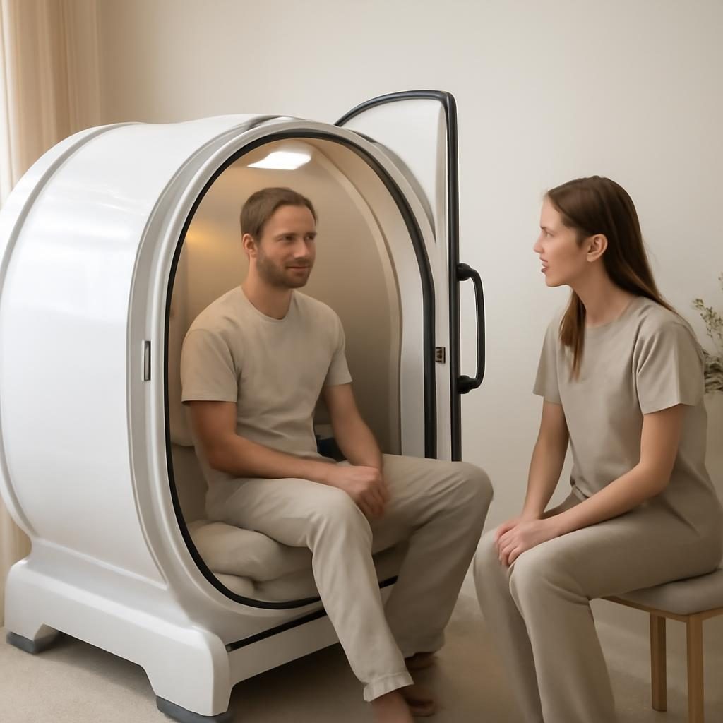 Hiperbarična komora v svetlem in mirnem wellness okolju, pacient pripravljen na terapijo