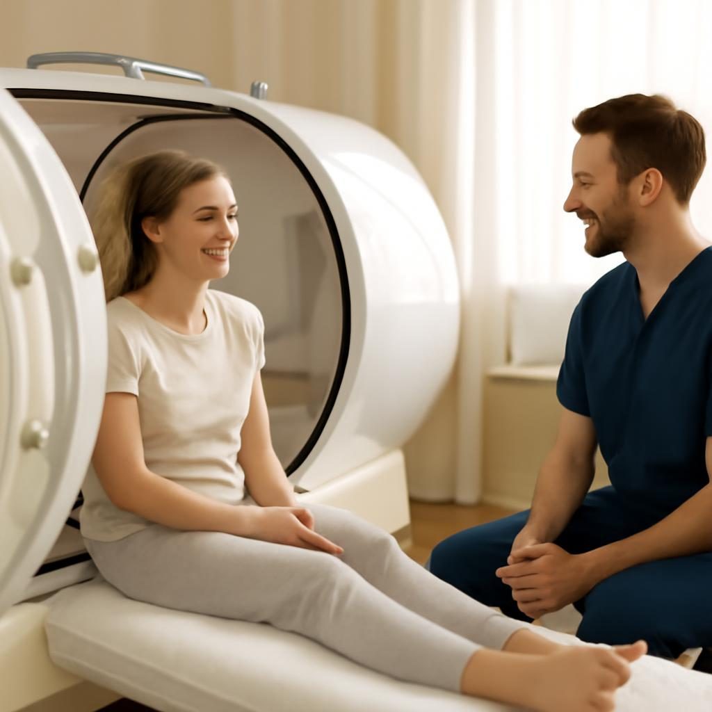 Notranjost hiperbarične komore s pacientom in terapevtom v umirjenem wellness okolju