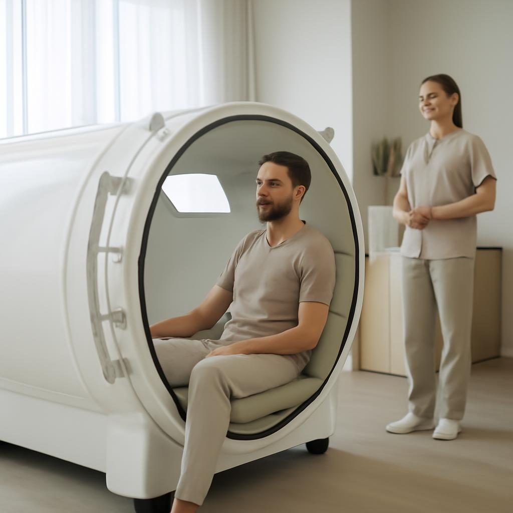 Svetla hiperbarična komora v modernem wellness centru, mirno okolje in profesionalno osebje