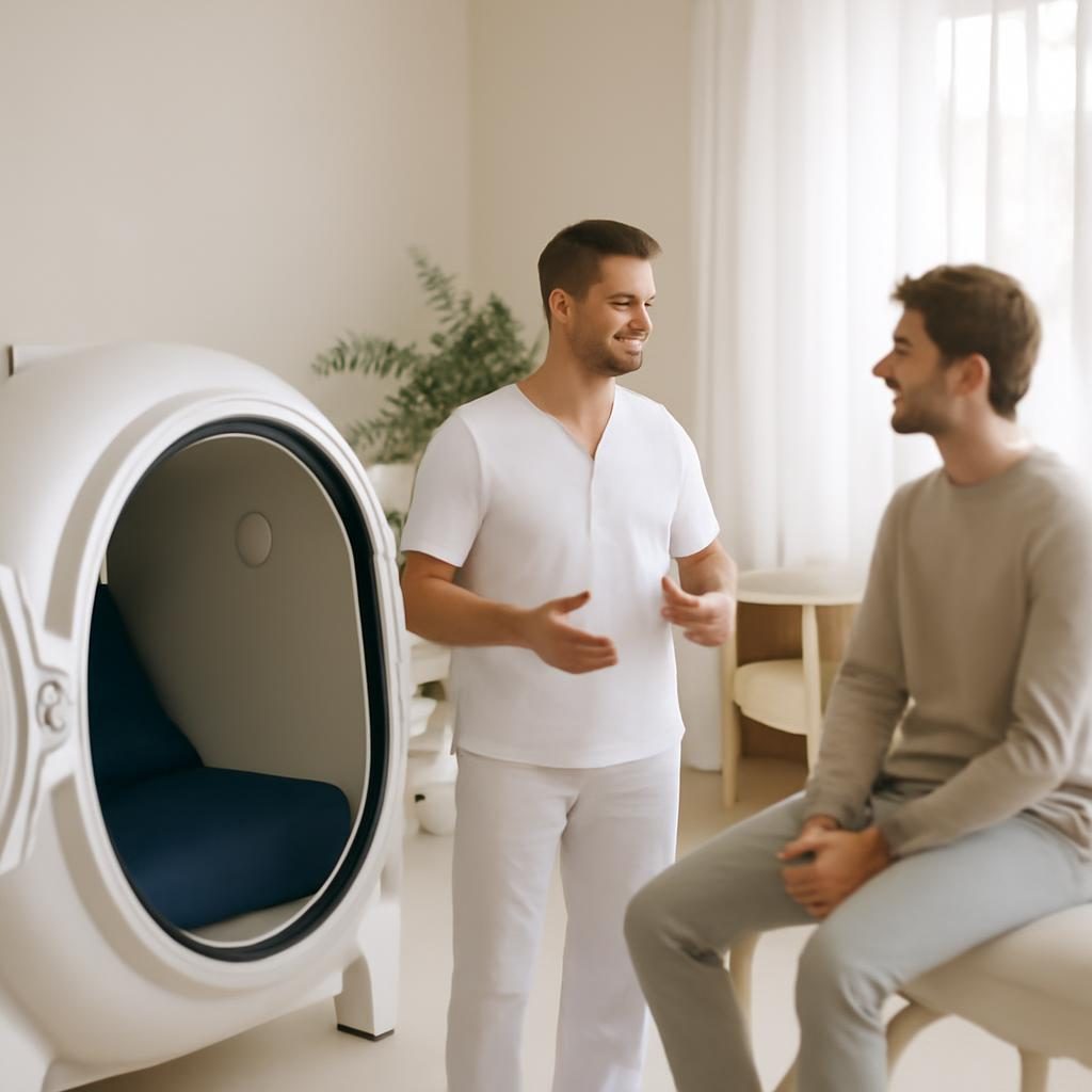 Hiperbarična komora v svetlem wellness prostoru, terapevt govori z obiskovalcem pred terapijo